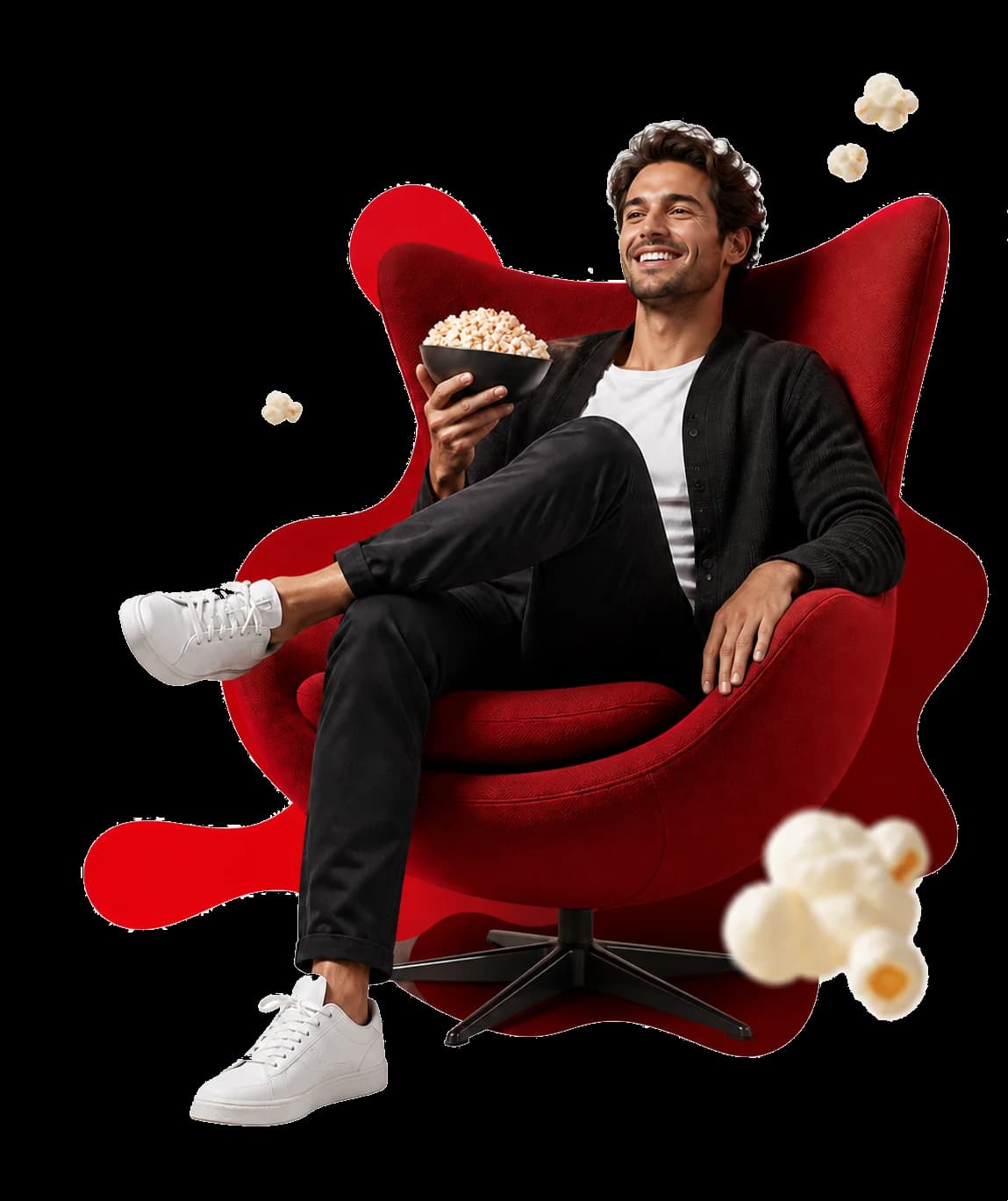 Viewer relaxing with popcorn in a red lounge chair